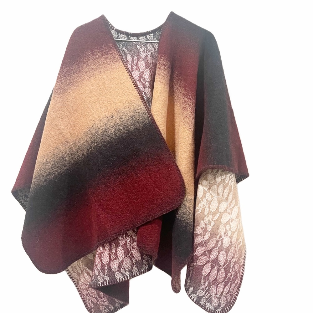 Anthropologie Reversible Wool Blanket Poncho NWT Bordeaux Boho OS - Picture 2 of 5